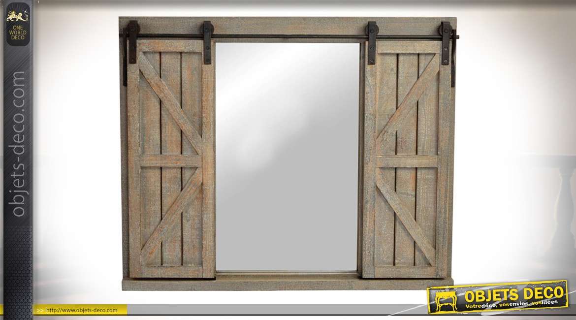 Grand cadre miroir fenêtre en bois et métal de 86 cm avec volets coulissants