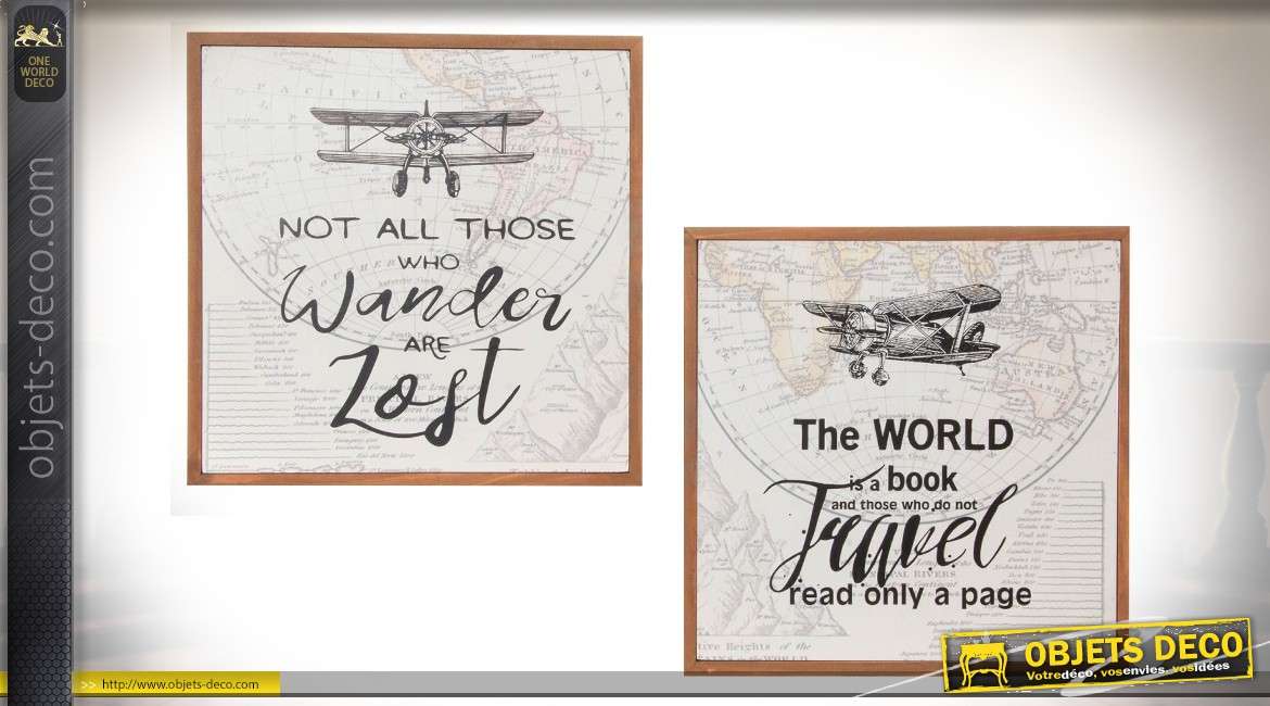 Série de deux cadres en bois sur le thème du voyage et avion des années 30