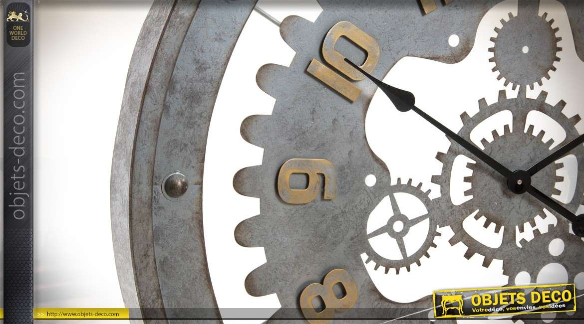 Grande horloge Industrial Vibes en métal gris 76 cm et chiffres laiton dorés