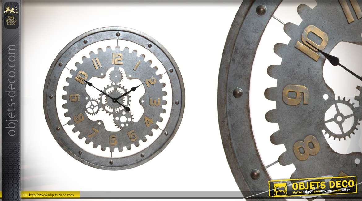 Grande horloge Industrial Vibes en métal gris 76 cm et chiffres laiton dorés