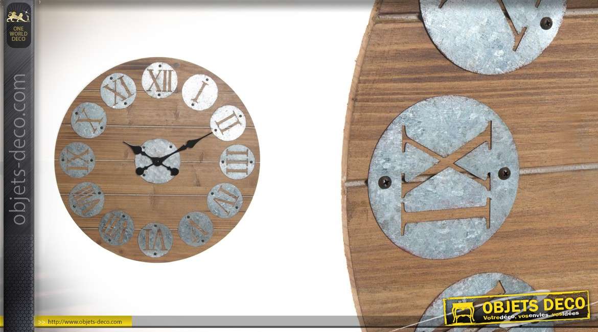 Horloge murale Mood-Wood en bois naturel et métal de style moderne 60 cm