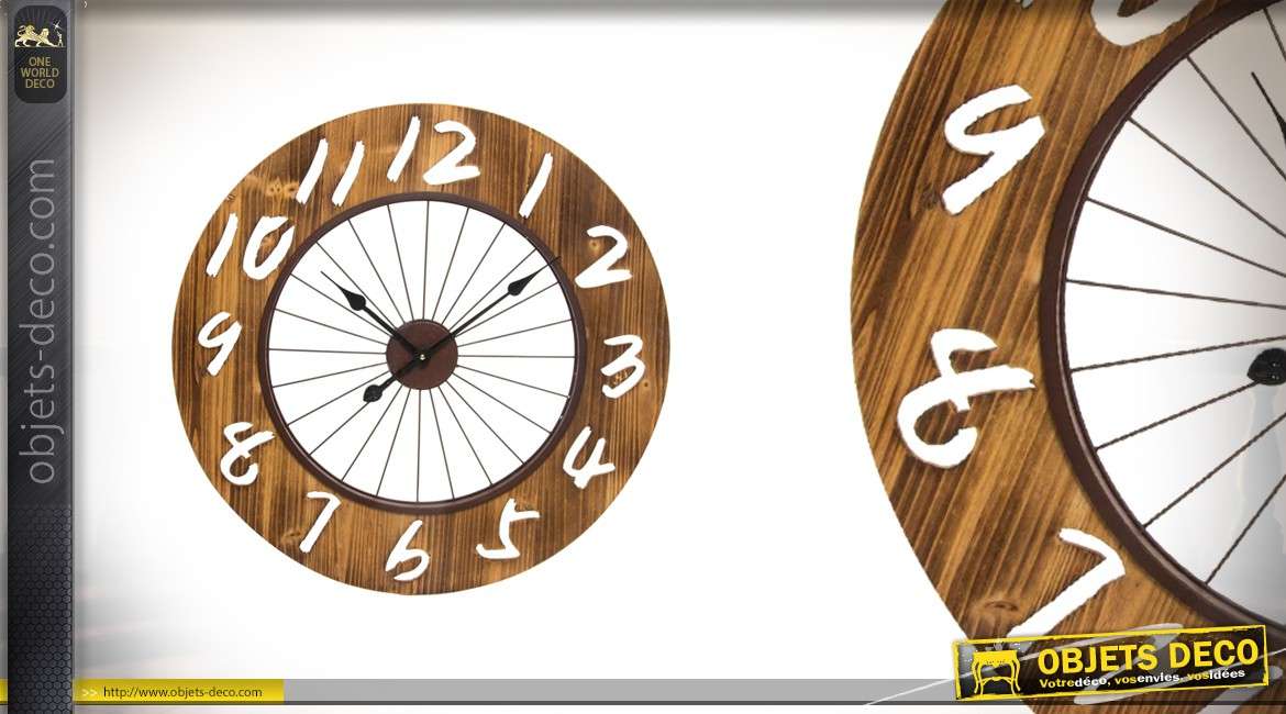 Horloge murale Bicycle wheel  en bois et métal de 68 cm