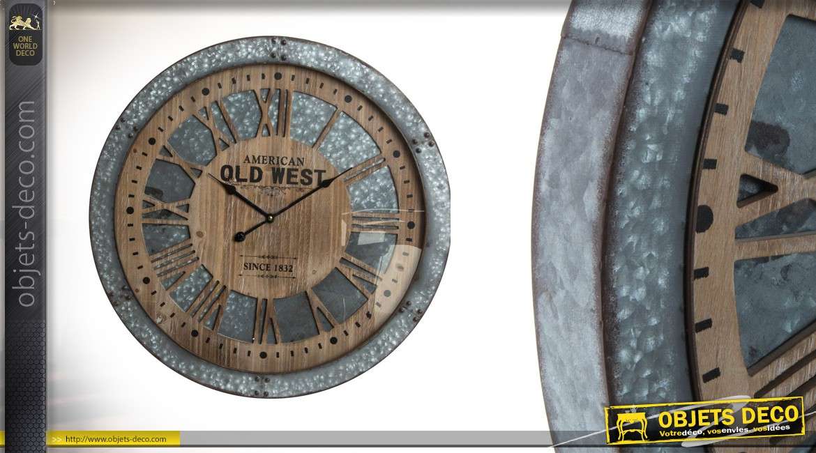 Horloge murale Bodega Design- American Old West en bois et métal de 60cm
