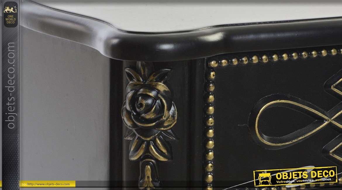 Table de chevet style ethnico-barroque noir et doré ancien 2 portes