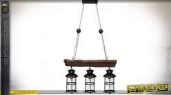 Suspension rustique en bois et métal avec trois lanterne d'éclairage 64 cm