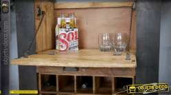 Meuble bar avec casier à bouteilles finition gris ardoise et bois naturel vieilli