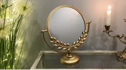 Miroir de table rond finition doré ancien, effet laiton vieilli, ambiance chic, 35cm
