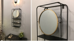Etagère de salle de bain en métal et miroir rond inclinable, ambiance moderne chic, 65cm