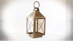 Lanterne carrée en métal doré vieilli avec vitres à fins croisillons et anneau de suspension 42 cm