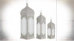 Série de 3 lanternes en métal gris clair de style oriental effet moucharabieh 73 cm