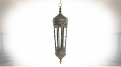 Grande lanterne octogonale suspendue en métal argenté de style oriental 134 cm
