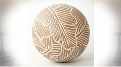 Boule décorative en résine effet bois sculpté, finition bois clair et blanc, Ø11cm