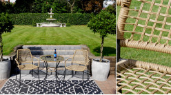 Salon de jardin en métal noir et osier synthétique de couleur naturelle, table avec plateau en verre, ambiance moderne