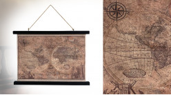 Carte du monde à dérouler et suspendre, en toile et bois, ambiance vintage, 60cm