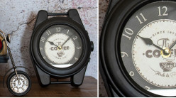Grand cadran de montre en métal finition noir charbon, inscription vintage au centre, 22cm