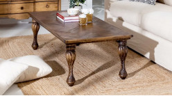 Grande table basse en bois de teck massif, pieds tournés, finition vieilli, 150cm