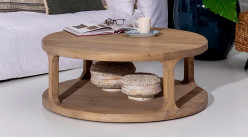 Grande table basse en bois massif, ambiance rustico moderne, Ø105cm