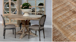 Table ronde en bois de manguier massif, pieds arqués, finition brut naturel, ambiance rustique, Ø150cm