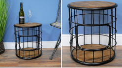 Table d'appoint version cage, en bois de manguier massif et acier vieilli, Ø41cm