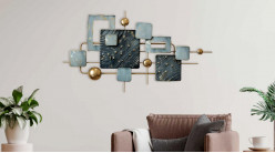 Décoration murale géométrique, teintes bleu doré, métal texturisé et brillant, 90cm
