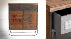 Buffet d'appoint en bois de sapin et métal gris anthracite, 2 portes et 2 tiroirs, ambiance atelier, 96cm