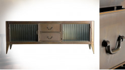 Grand meuble TV en métal et verre style ancien atelier, finition vieux cuivre, 2 portes et 2 tiroirs, 160cm