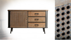 Buffet en métal et bois de sapin style industrialo moderne, 1 porte et 3 tiroirs, 119cm