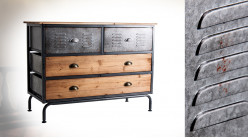 Commode en bois de sapin et métal effet tôle de style indus atelier, 4 tiroirs, 106cm