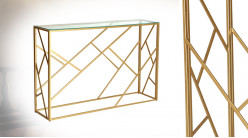 Console en métal doré et verre de style moderno design, ambiance géométrique aérienne, 115cm