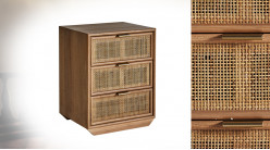 Meuble d'appoint en bois de pin avec 3 tiroirs, ambiance rétro scandinave, habillage en jute, 71cm