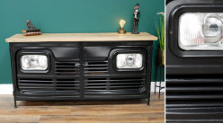 Buffet en bois et métal avec façade de camion style Tata Motors, avec phares latéraux, 2 portes, 144cm