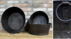 Série de 3 anciennes bassines en métal finition charbon vieilli, avec anses, Ø35/39/42cm
