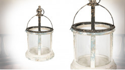 Lanterne ronde en bois vieilli bleu et métal oxydé, toit ajouré avec anneau de suspension, Ø28cm / 46cm