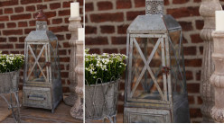 Lanterne en métal style zinc vieilli et verre, avec tiroir d'appoint, ambiance vieille ferme, 56cm