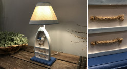 Lampe de table en bois avec forme de barque dans le pied, ambiance bord de mer, finitions usées, 49cm