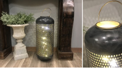 Grande lanterne en aluminium finition gris anthracite effet vieilli et doré brillant, Ø24cm / 71cm