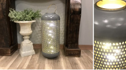 Grande lanterne en aluminium finition gris perle et doré brillant, Ø24cm / 71cm