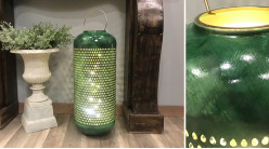 Grande lanterne en aluminium finition vert absinthe patiné bouteille et doré brillant, Ø24cm / 71cm