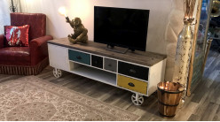 Meuble TV en métal finition blanc et bois de sapin finition naturel, tiroirs colorés, 156cm