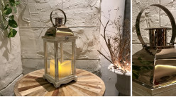 Petite lanterne en bois clair et métal finition cuivré chromé, ambiance moderne chic, 47cm