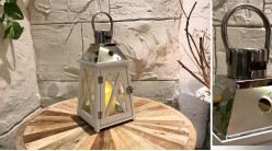 Petite lanterne décorative en bois et métal chromé, en forme de pyramide, chic et originale, 34cm