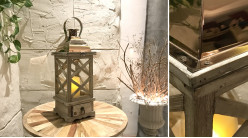 Lanterne en sapin brut et métal chromé cuivre, ambiance rustique chic, avec tiroir, 60 cm