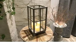 Lanterne carrée en bois de sapin finition vieilli, style campagne rustique, 50cm
