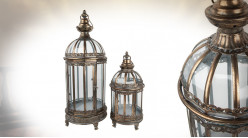 Série de lanternes rondes en métal et verre finition doré cuivré effet vieilli, 66cm