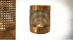 Lanterne cylindrique en métal finition doré vieilli, ornements esprit billes soudées, Ø34cm