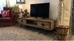 Meuble TV en bois de sapin et métal finition naturelle, 2 tiroirs, 140cm