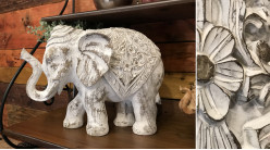 Statuette d'éléphant imitation bois sculpté vieilli et blanchi 40 cm