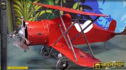 Grand avion décoratif biplan rouge en métal (2 mètres)