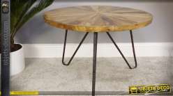 Table basse en bois ronde effet rayonnement bois naturel et fer forgé Ø 61 cm