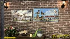 Série de 2 tableaux muraux bois et métal thème oiseaux marins 95 cm